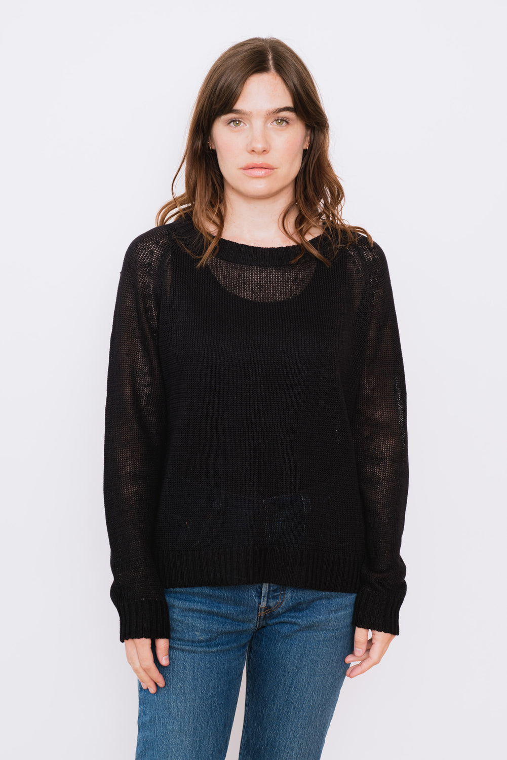 Linen Knit Raglan Sweater Black