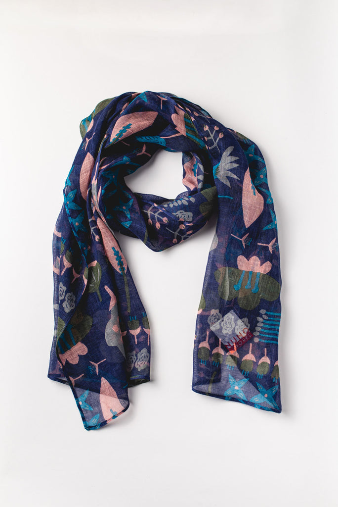 Navy and Pink Pressed Flowers Linen Scarf