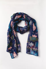Navy and Pink Pressed Flowers Linen Scarf
