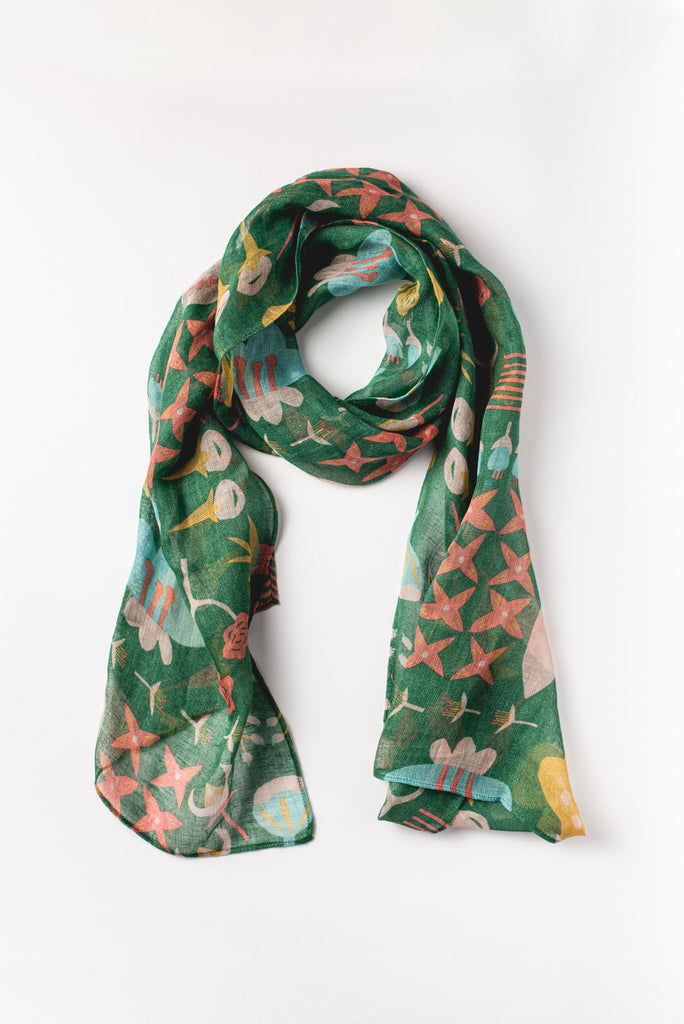 Pressed Flowers Linen Scarf Green