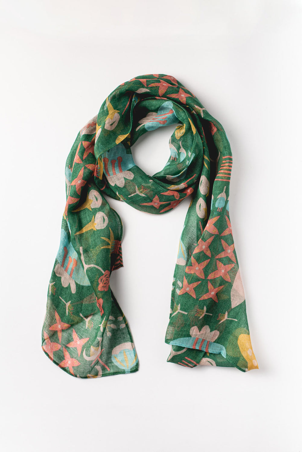 Pressed Flowers Linen Scarf Green