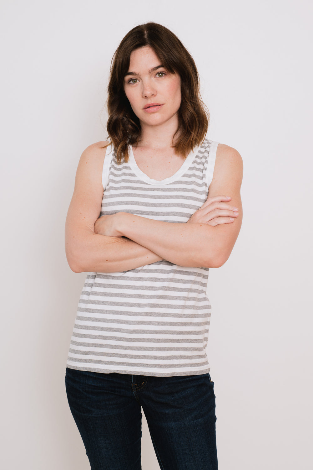 Border Tank Top , White and Grey