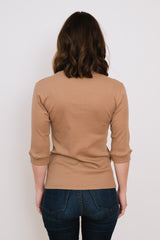 Rib Cotton Silk 3/4 Sleeve T-Shirt Beige