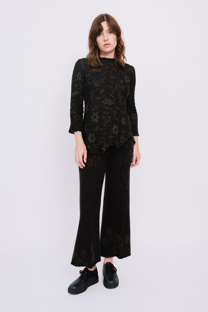 Knit Wool Pants, Dark Charcoal with Floral Pattern