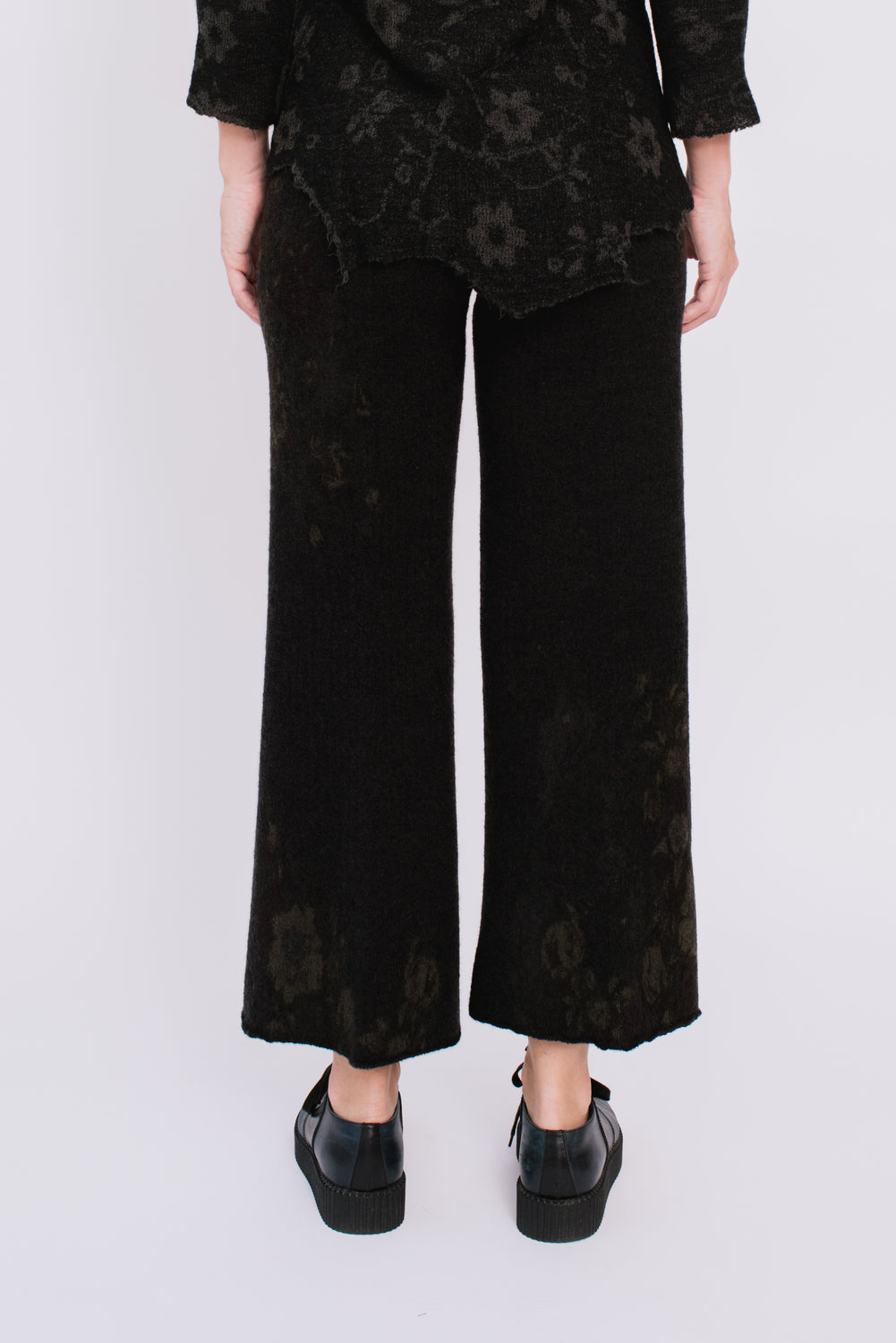 Knit Wool Pants, Dark Charcoal with Floral Pattern