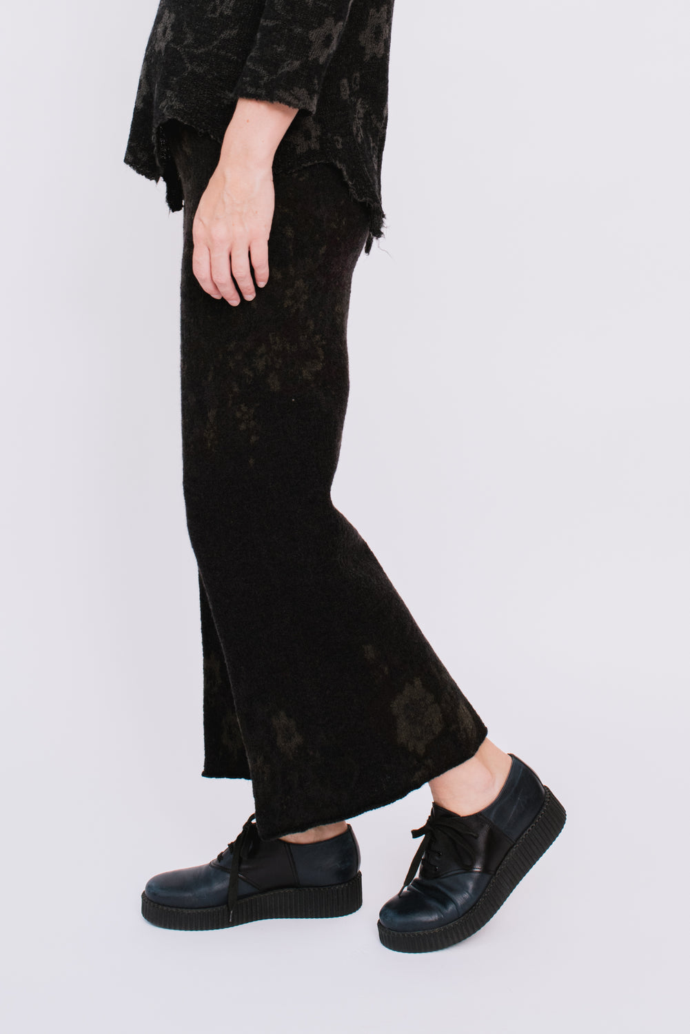 Knit Wool Pants, Dark Charcoal with Floral Pattern