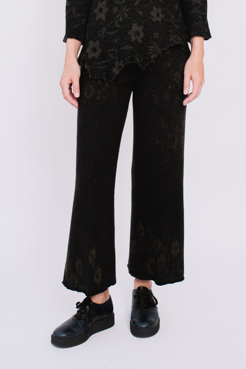 Knit Wool Pants, Dark Charcoal with Floral Pattern